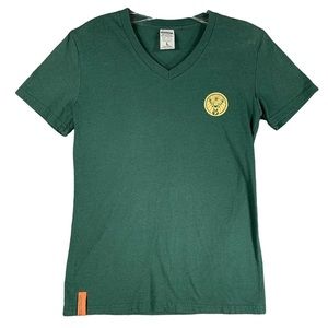 Jagermeister Womens M—>T Shirt Green Gold V Neck Jager Short Sleeve Cotton Blend